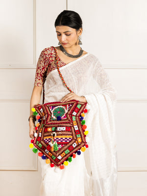 Boho Luxe - Banjara Kutchi Embroidered Pompom Handbag - Heritage Haat