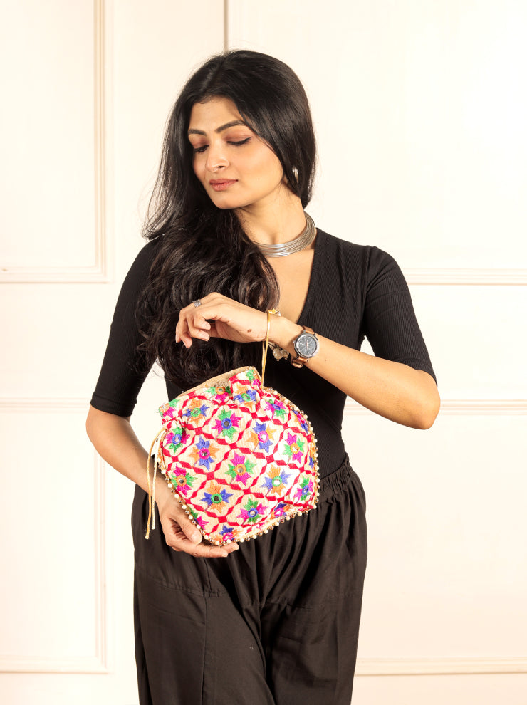 Elegant Embroidered Pearl Potli Bag - Traditional Silk Festive Accessory