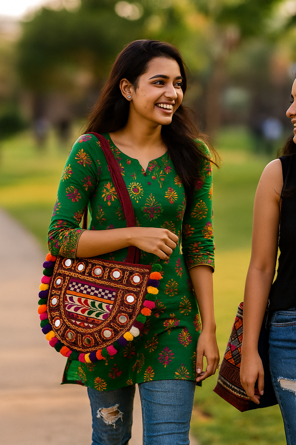 Handcrafted Kutchi Embroidered D-Shape Sling Bag with Mirror Work & Pom-Poms