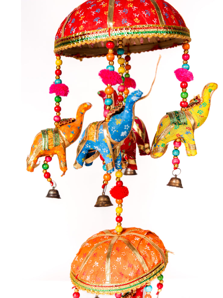 Elephants Door Hanging with Zari Gota Work Round Tokri Traditional Ethnic Latkan Toran - Heritage Haat