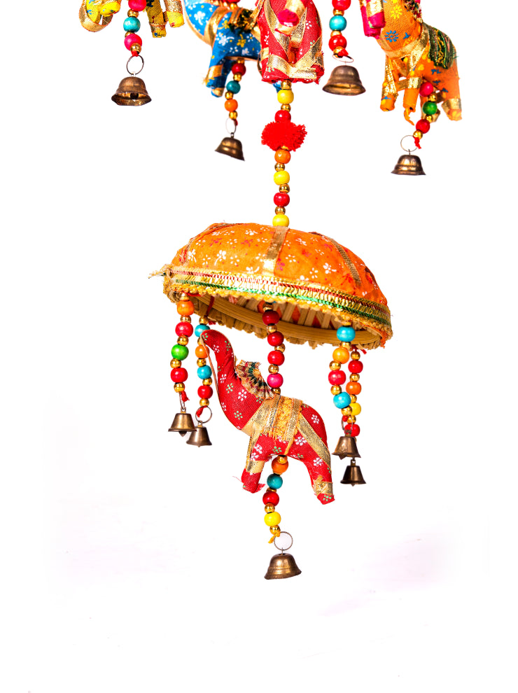 Elephants Door Hanging with Zari Gota Work Round Tokri Traditional Ethnic Latkan Toran - Heritage Haat