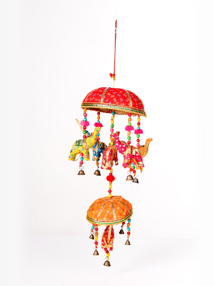 Elephants Door Hanging with Zari Gota Work Round Tokri Traditional Ethnic Latkan Toran - Heritage Haat