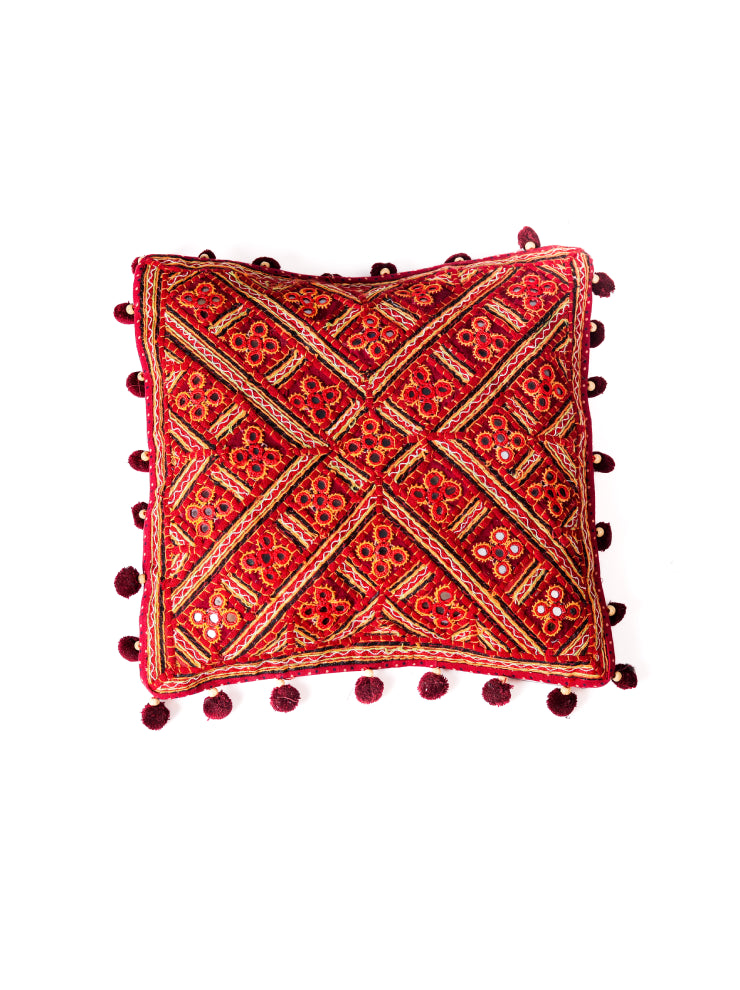 Hand-Embroidered Kutch Mirror Work Cushion Cover