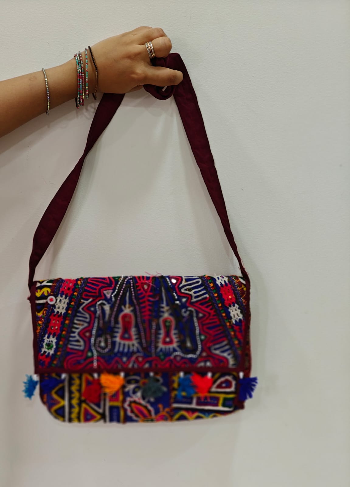 Multi-Color Side Shoulder Bag  with Antique Rabari Embroidery