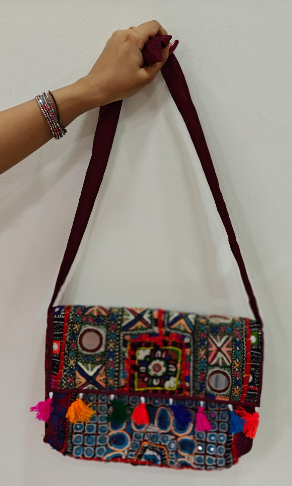 Handcrafted Kutchi Mirror Work Messenger Sling Bag | Boho Crossbody with Tassels