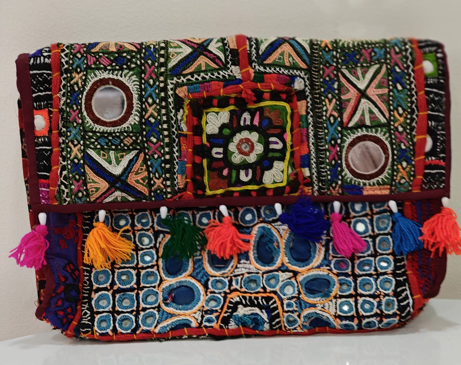 Handcrafted Kutchi Mirror Work Messenger Sling Bag | Boho Crossbody with Tassels