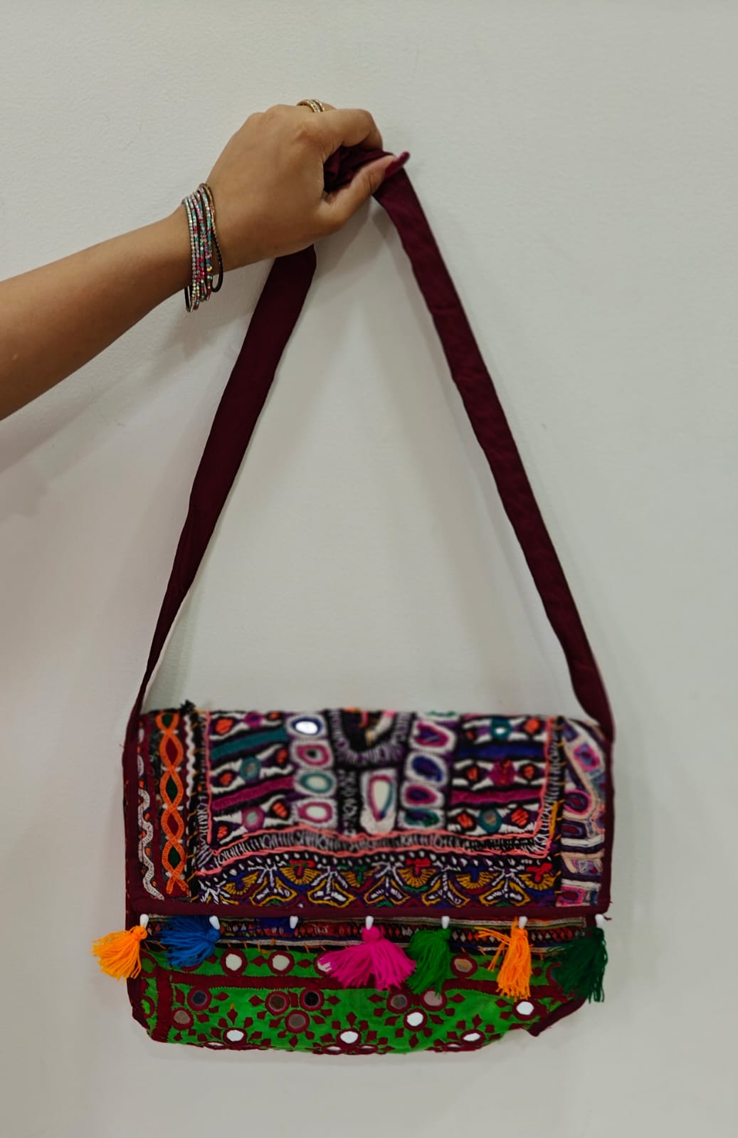 Handcrafted Kutchi Mirror Work Messenger Sling Bag | Boho Crossbody with Tassels