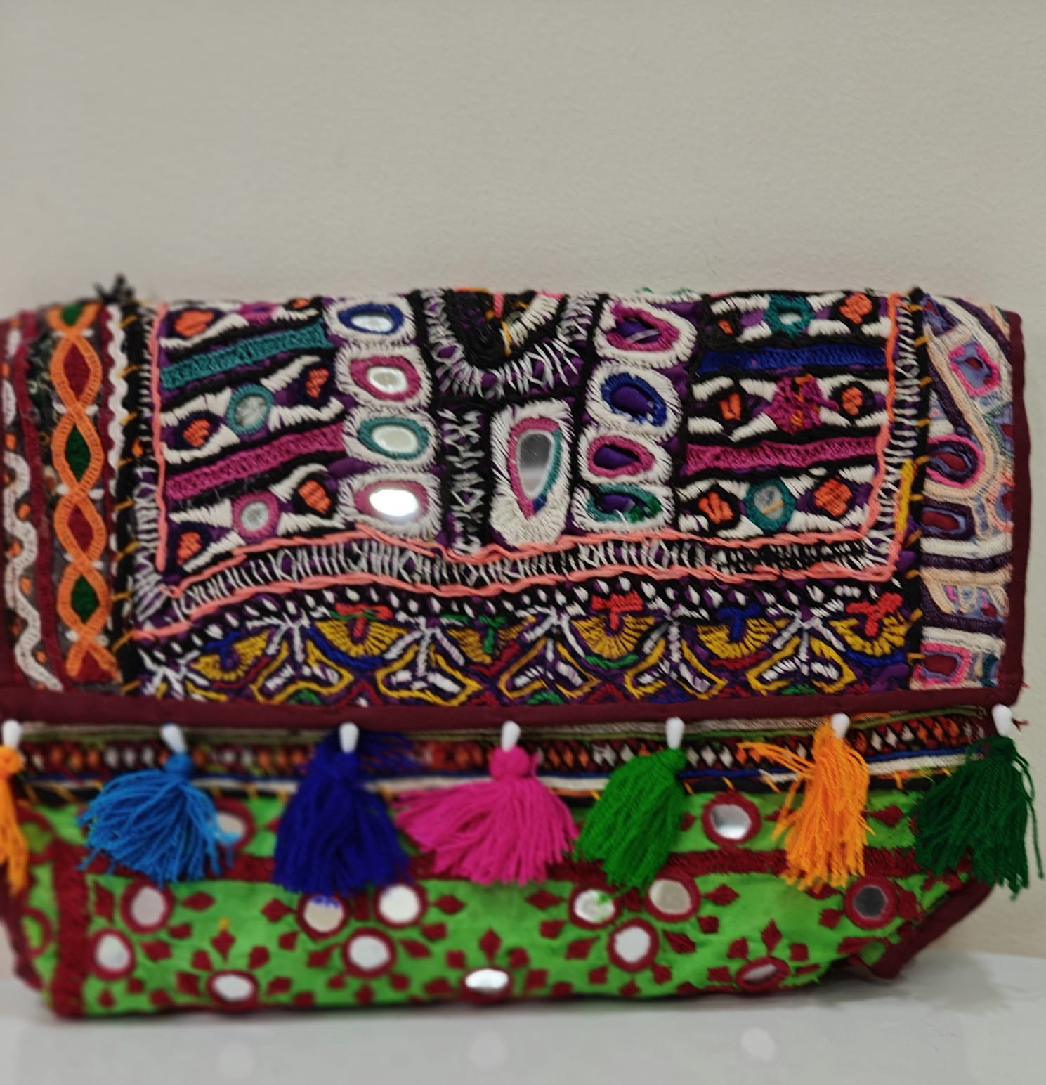 Handcrafted Kutchi Mirror Work Messenger Sling Bag | Boho Crossbody with Tassels