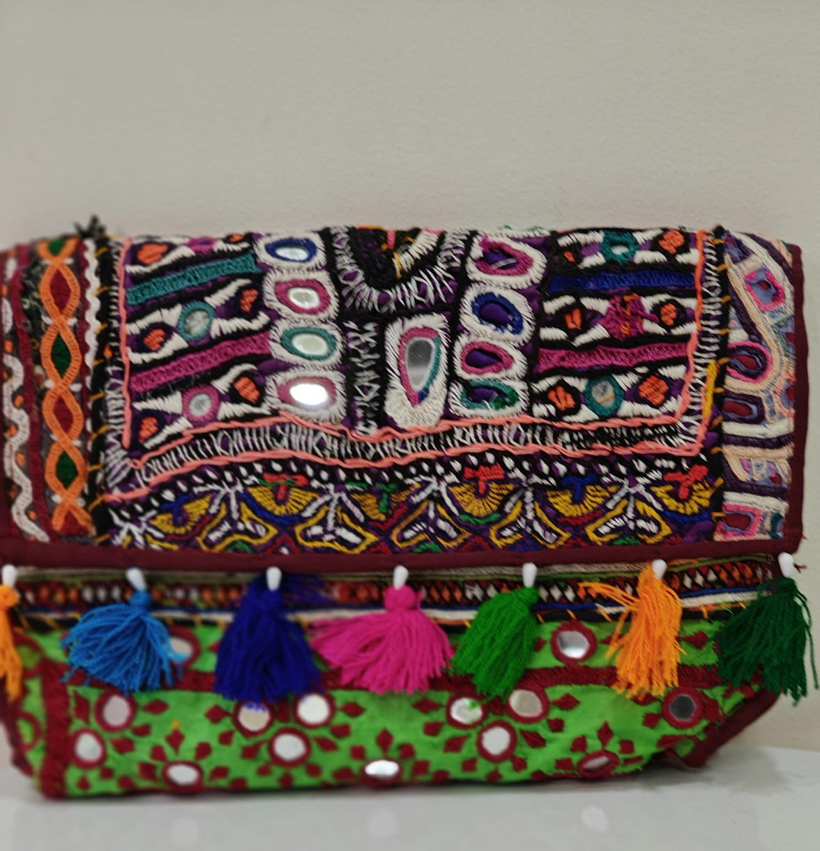Handcrafted Kutchi Mirror Work Messenger Sling Bag | Boho Crossbody with Tassels