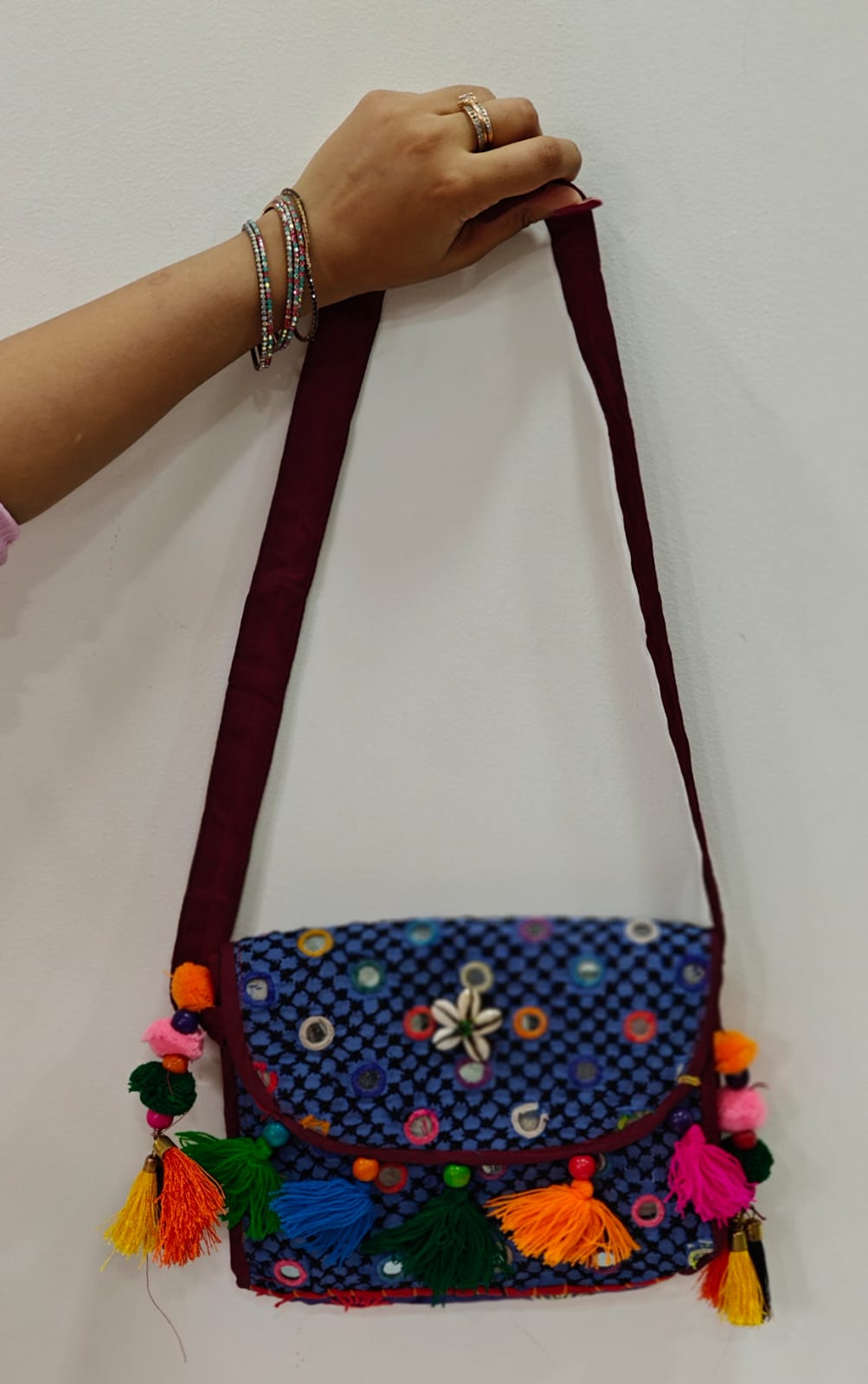 Handcrafted Kutchi Mirror Work Messenger Sling Bag | Boho Crossbody with Tassels