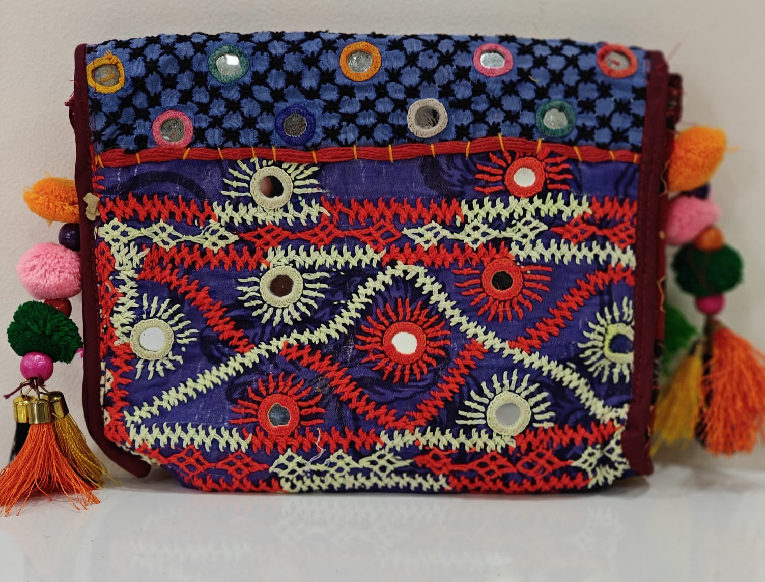 Handcrafted Kutchi Mirror Work Messenger Sling Bag | Boho Crossbody with Tassels