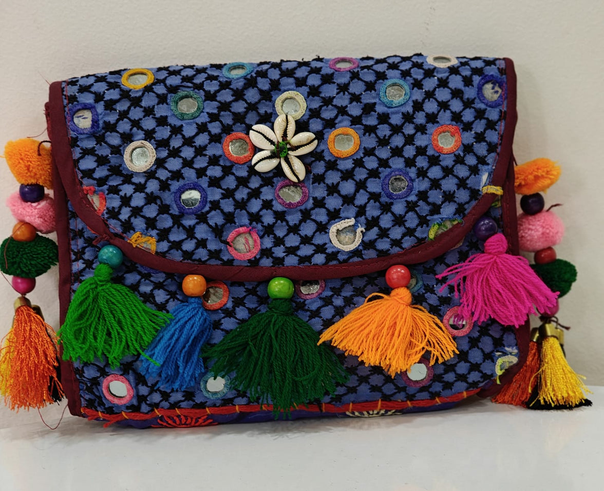 Handcrafted Kutchi Mirror Work Messenger Sling Bag | Boho Crossbody with Tassels