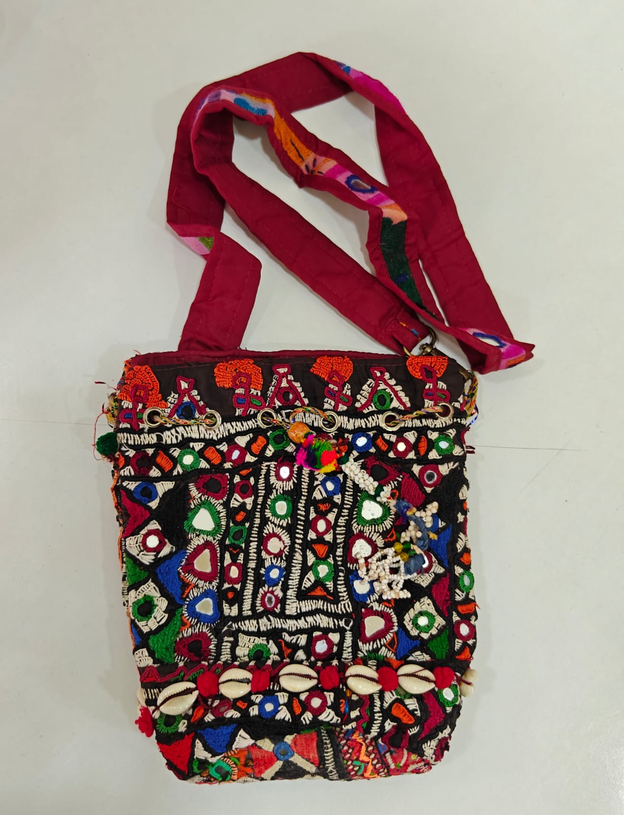 Handcrafted Kutchi Mirror Work Messenger Sling Bag with Cowrie Shell Accents