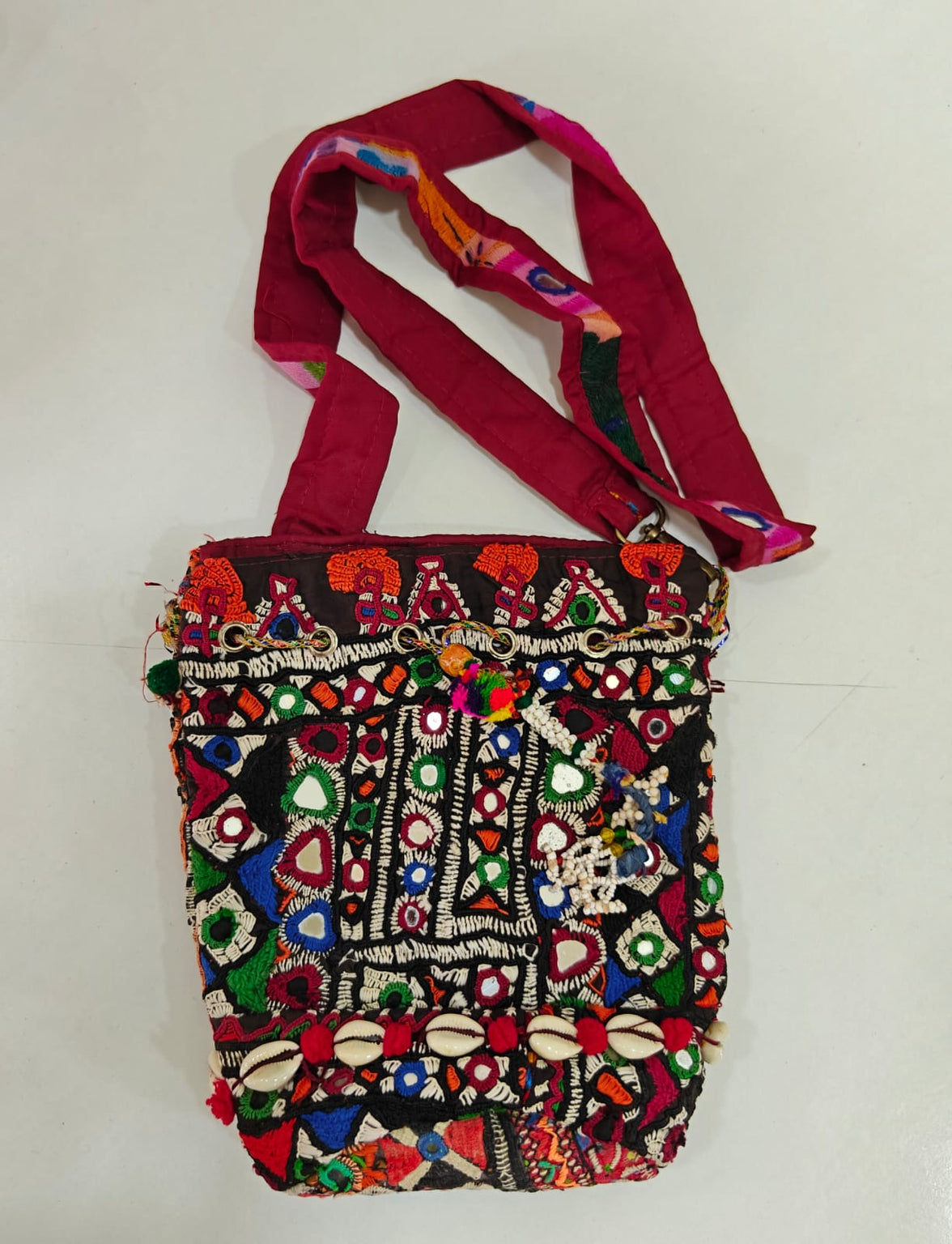 Handcrafted Kutchi Mirror Work Messenger Sling Bag with Cowrie Shell Accents
