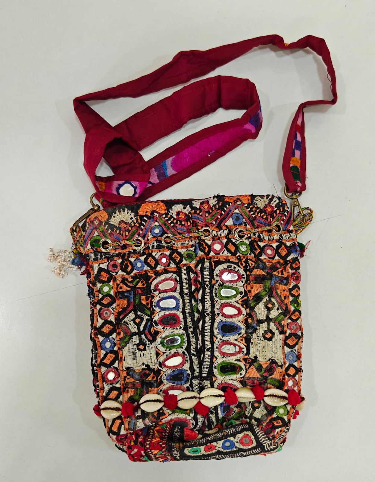 Handcrafted Kutchi Mirror Work Messenger Sling Bag with Cowrie Shell Accents