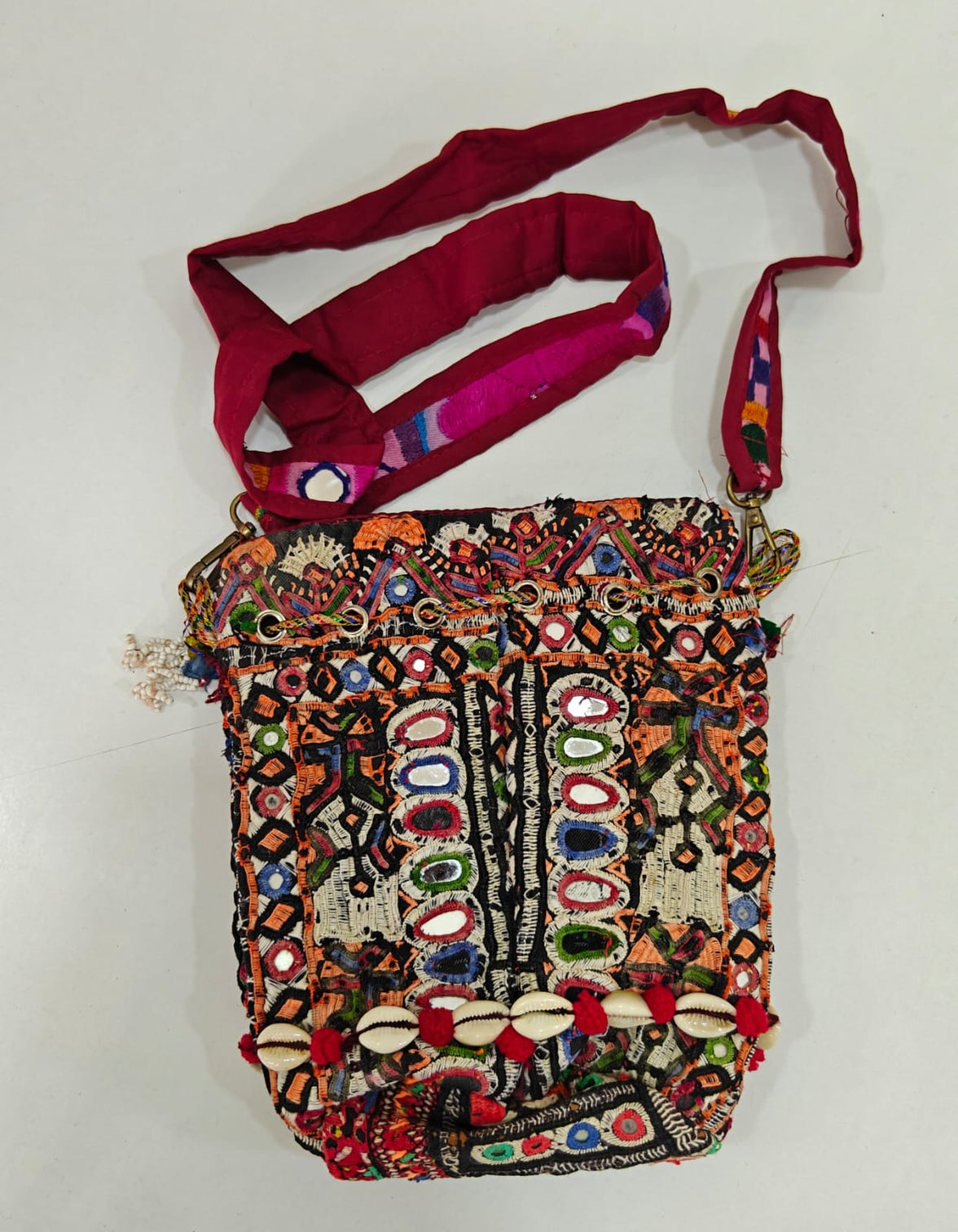 Handcrafted Kutchi Mirror Work Messenger Sling Bag with Cowrie Shell Accents