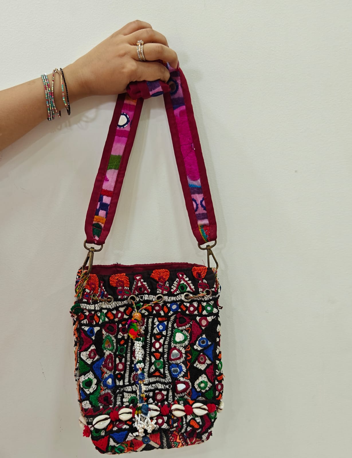 Handcrafted Kutchi Mirror Work Messenger Sling Bag with Cowrie Shell Accents