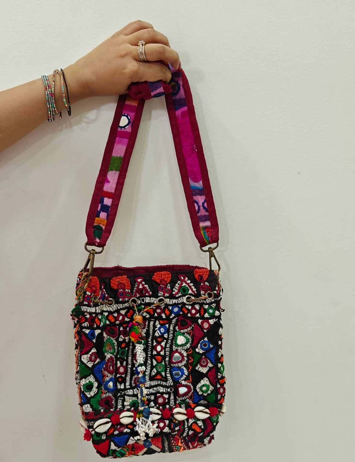 Handcrafted Kutchi Mirror Work Messenger Sling Bag with Cowrie Shell Accents