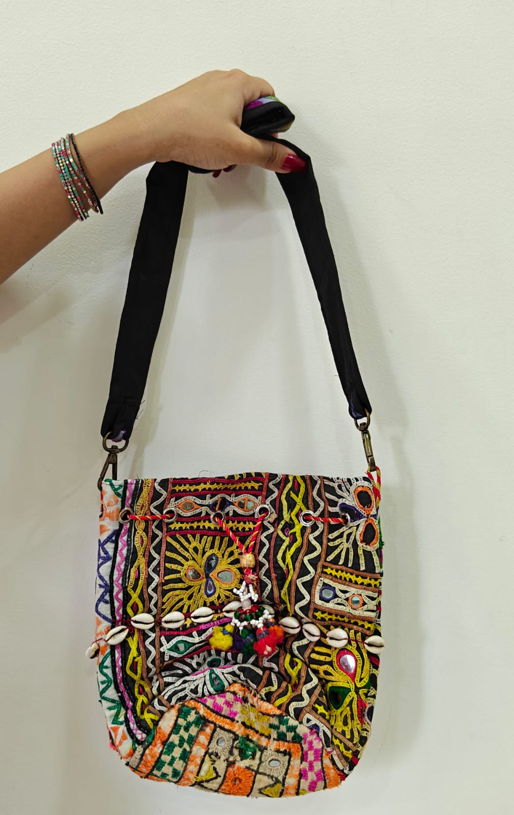 Handcrafted Kutchi Mirror Work Messenger Sling Bag with Cowrie Shell Accents