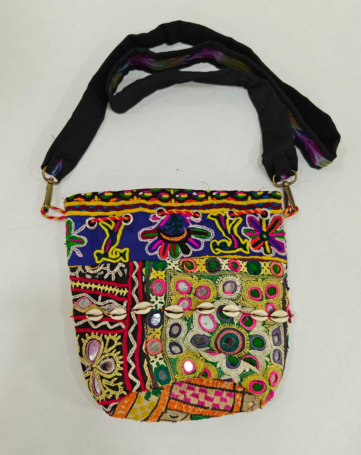 Handcrafted Kutchi Mirror Work Messenger Sling Bag with Cowrie Shell Accents