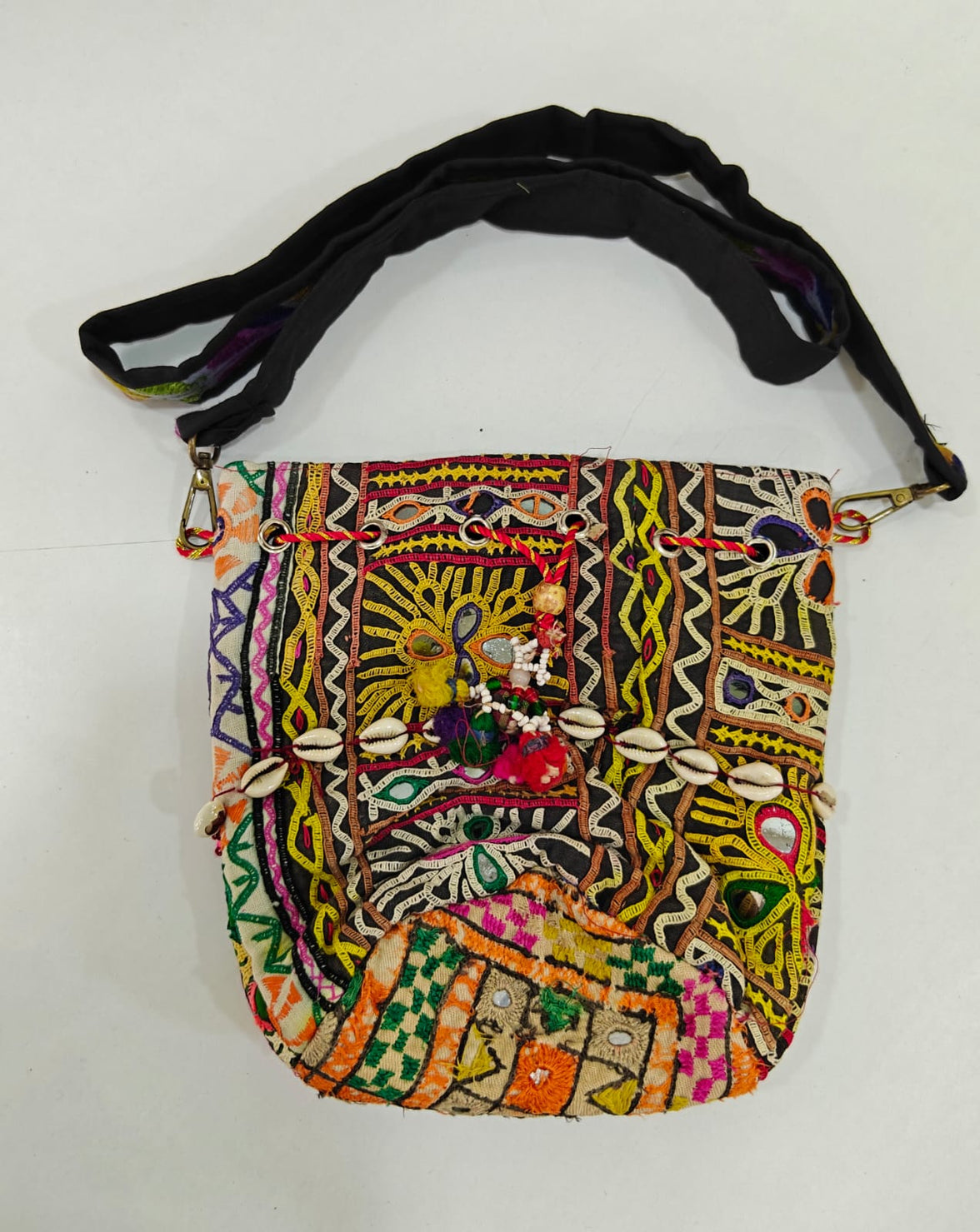 Handcrafted Kutchi Mirror Work Messenger Sling Bag with Cowrie Shell Accents