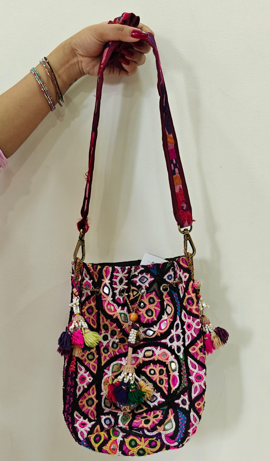 Handcrafted Kutchi Mirror Work Messenger Sling Bag with Cowrie Shell Accents