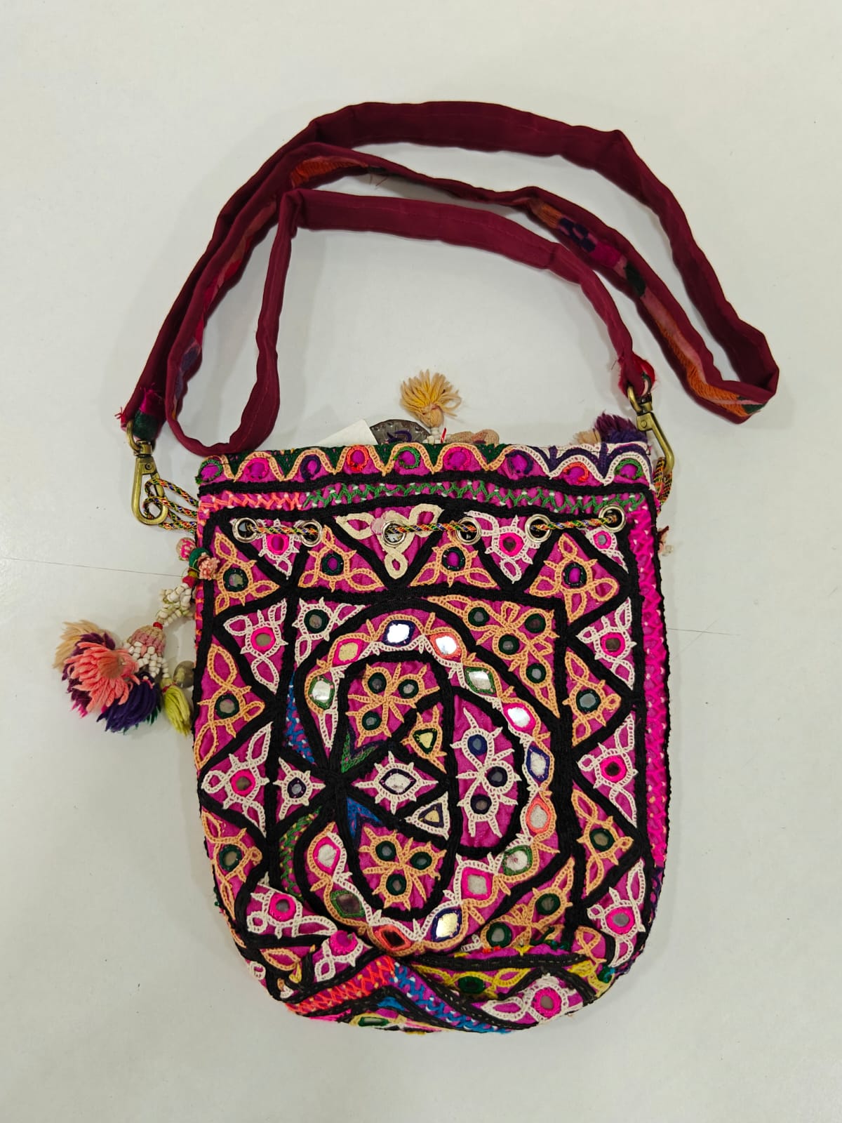 Handcrafted Kutchi Mirror Work Messenger Sling Bag with Cowrie Shell Accents