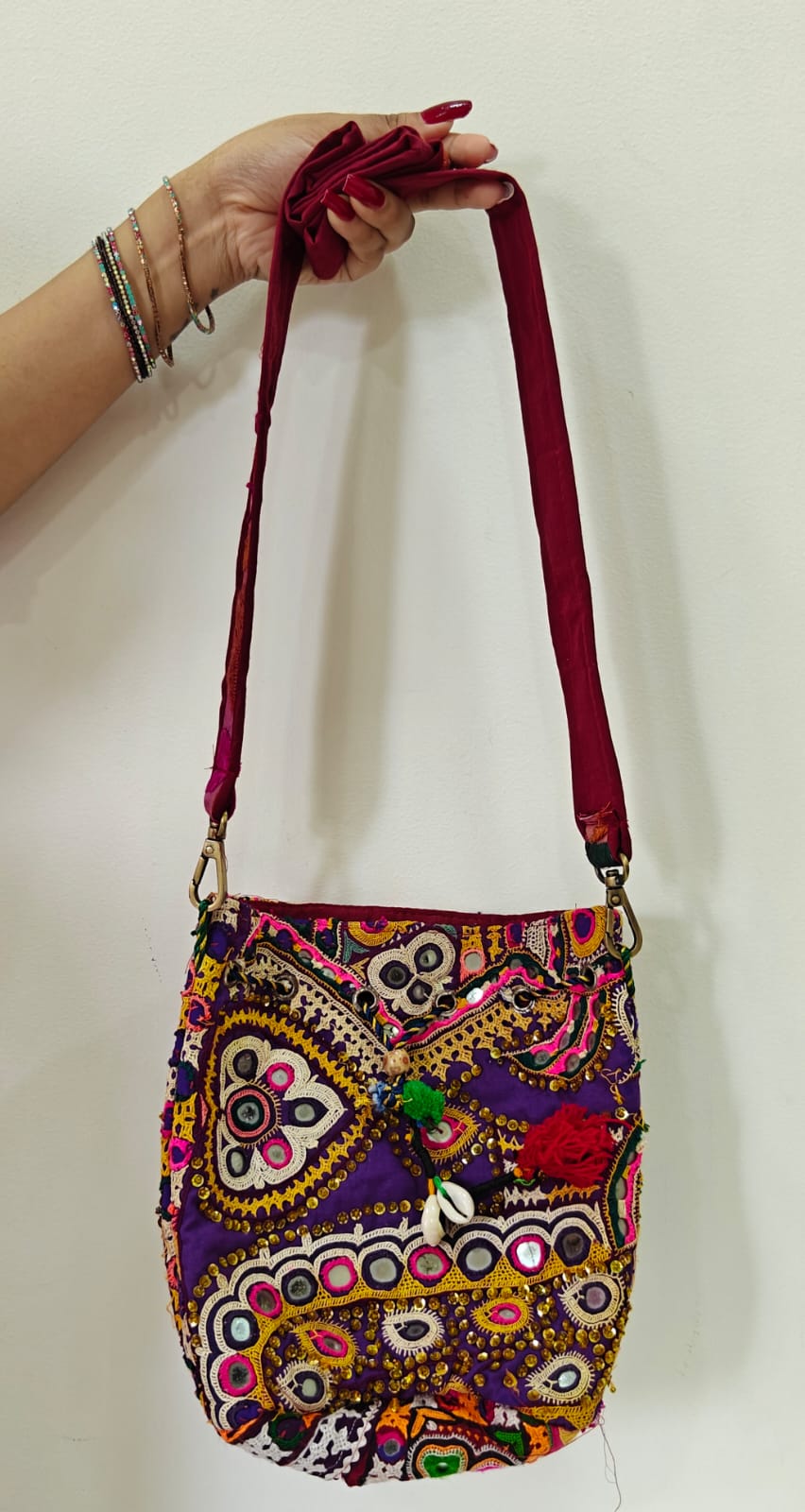 Handcrafted Kutchi Mirror Work Sling Bag with Cowrie Shell Accents