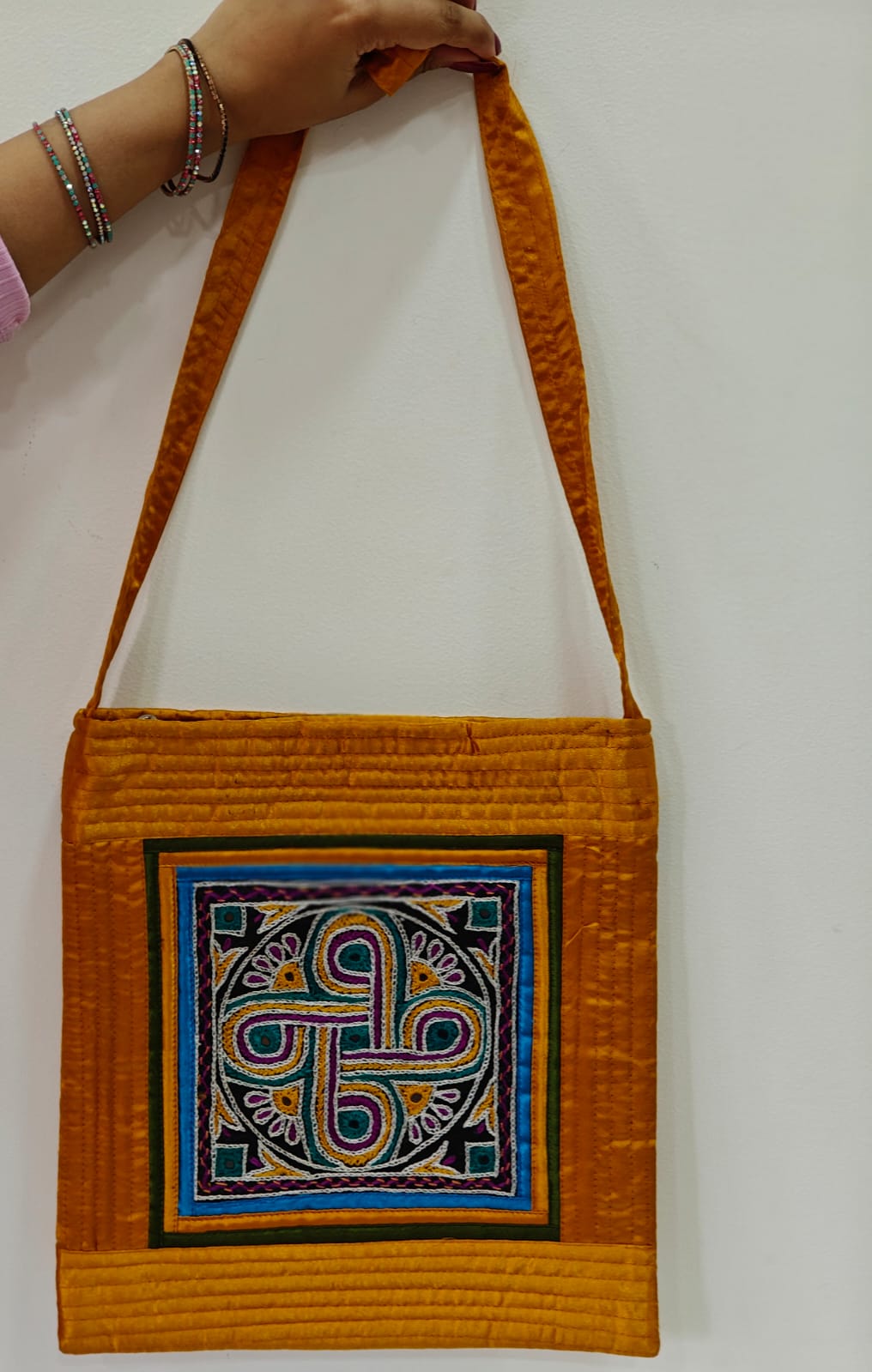 Handcrafted Mashru Silk Embroidered Square Sling Bag