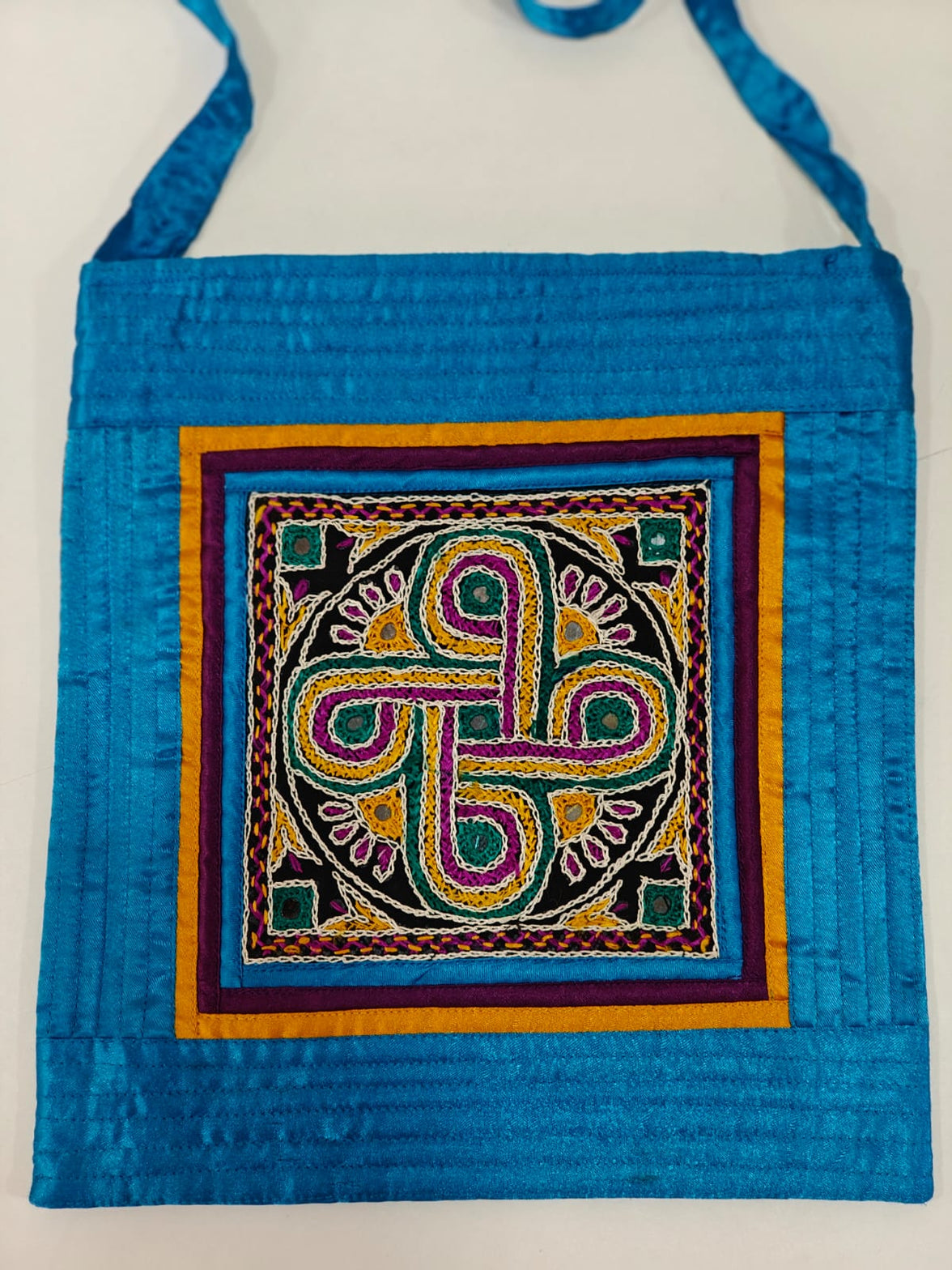 Handcrafted Mashru Silk Embroidered Square Sling Bag