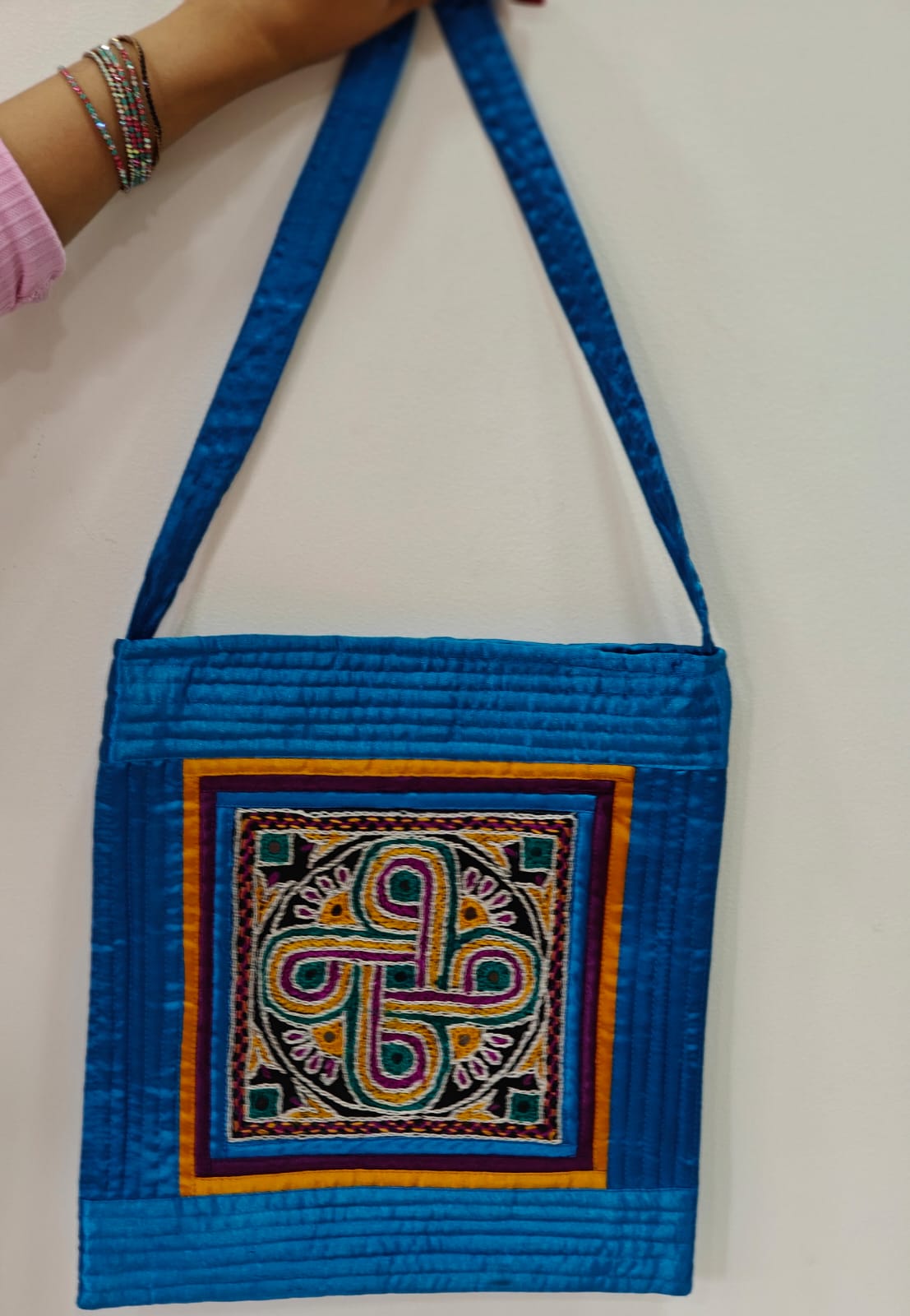 Handcrafted Mashru Silk Embroidered Square Sling Bag