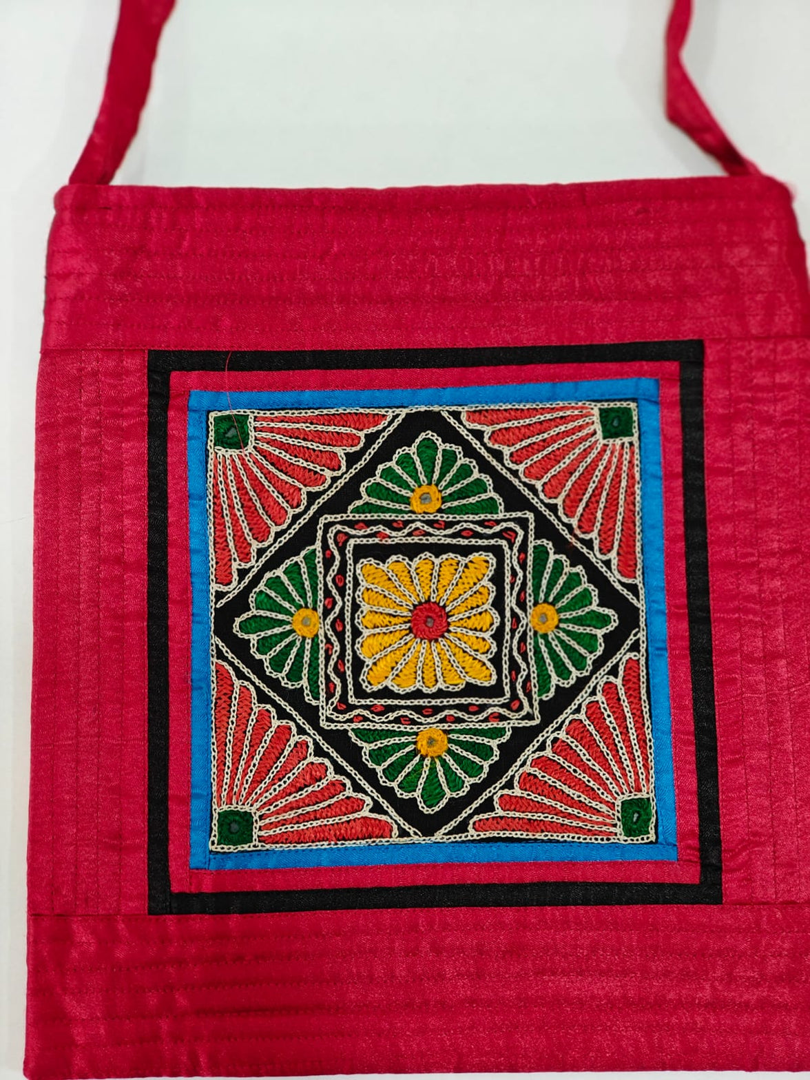 Handcrafted Mashru Silk Embroidered Square Sling Bag