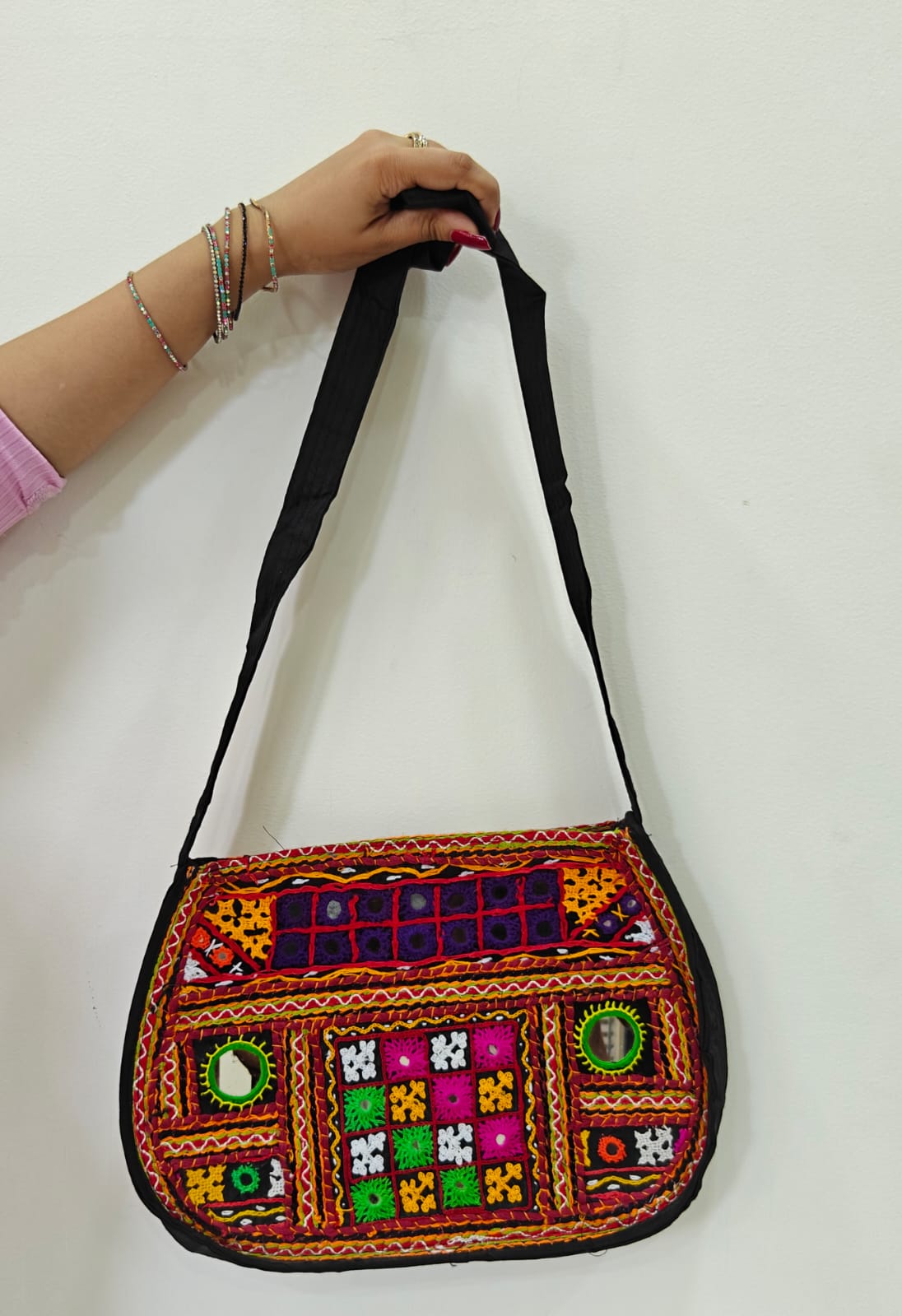 Handcrafted Kutchi Embroidered Sling Bag with Mirror Work | Contemporary Boho Crossbody