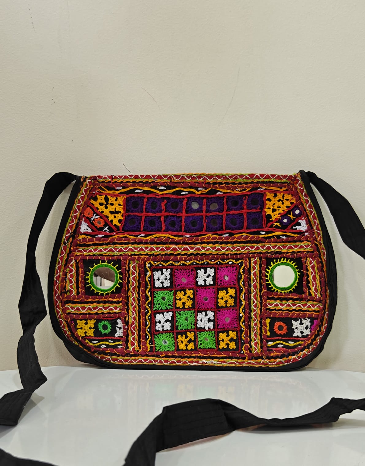 Handcrafted Kutchi Embroidered Sling Bag with Mirror Work | Contemporary Boho Crossbody