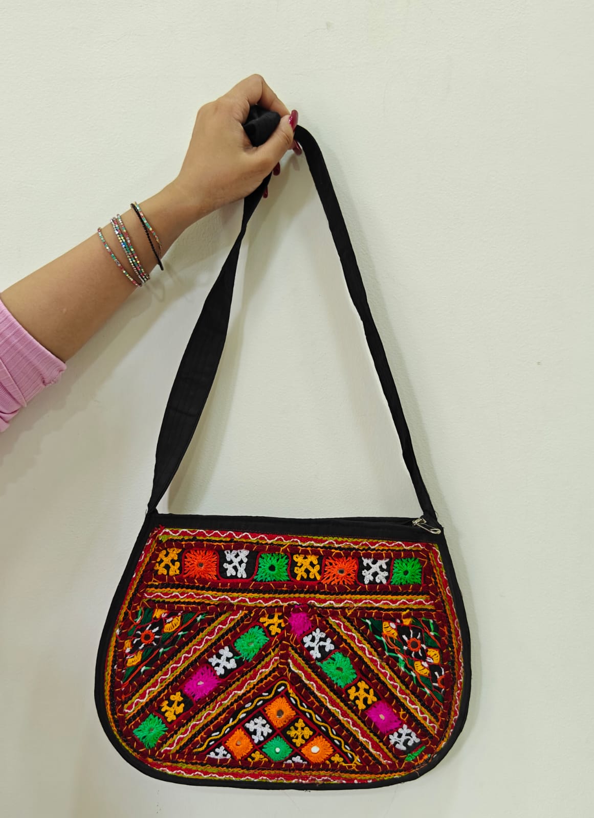 Handcrafted Kutchi Embroidered Sling Bag with Mirror Work | Contemporary Boho Crossbody