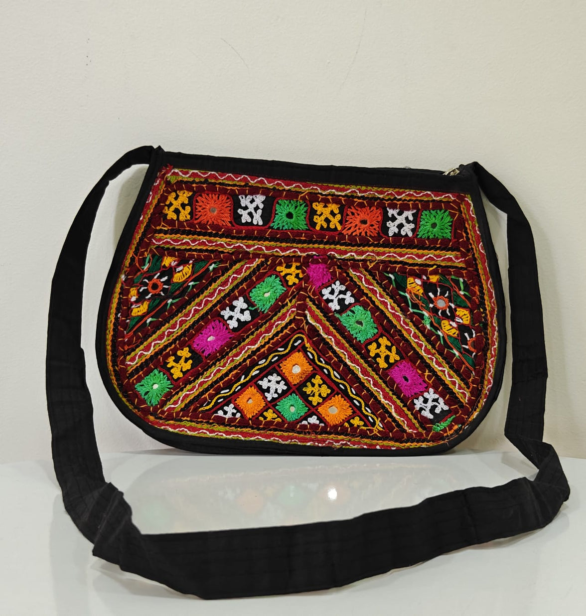 Handcrafted Kutchi Embroidered Sling Bag with Mirror Work | Contemporary Boho Crossbody