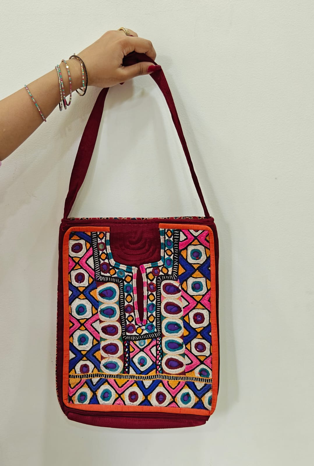 Handcrafted Kutchi Mirror Work Sling Bag – Mashru Silk