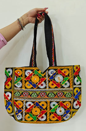 Handcrafted Kutchi Mirror Work Tote Bag | Traditional Embroidered Shoulder Bag