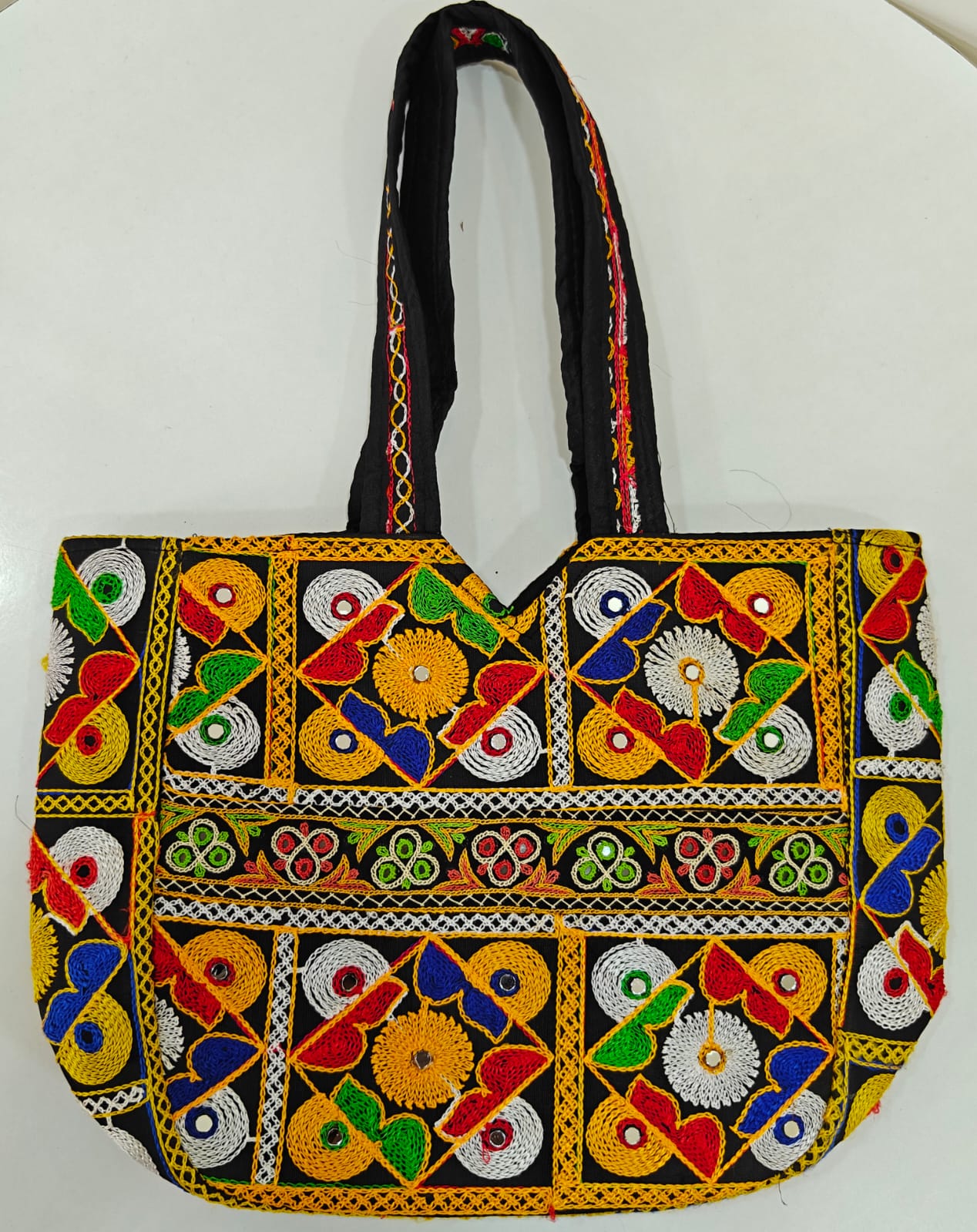 Handcrafted Kutchi Mirror Work Tote Bag | Traditional Embroidered Shoulder Bag