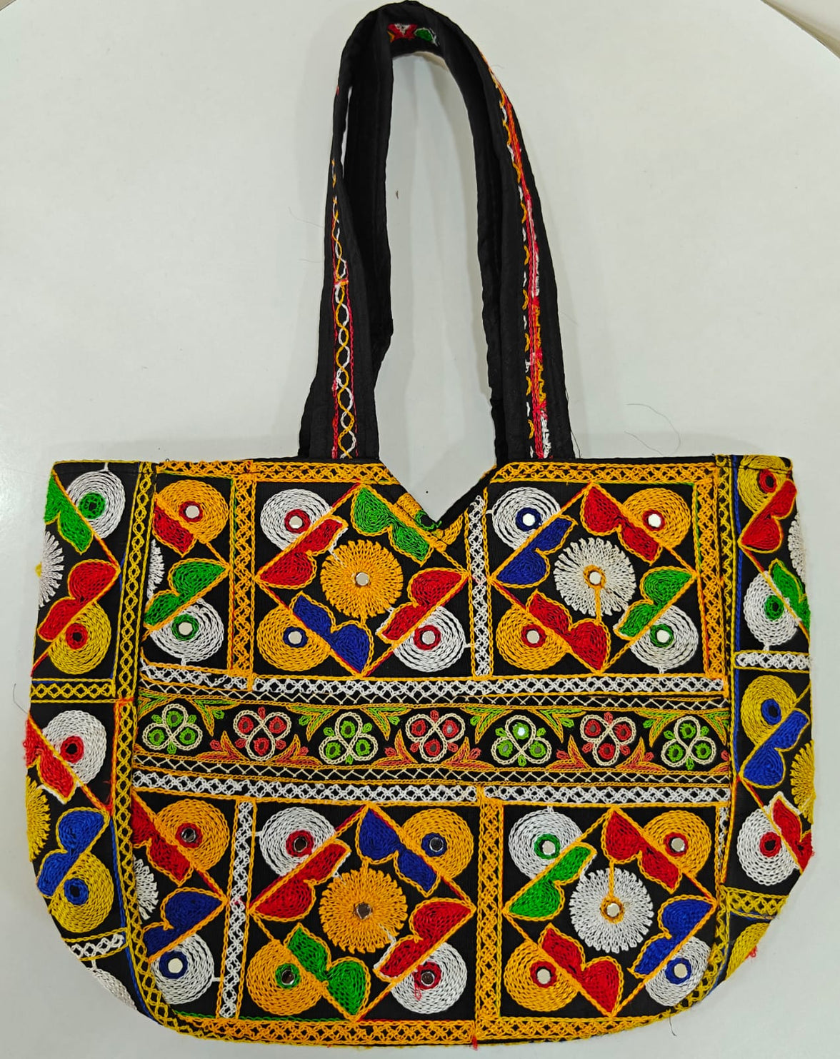 Handcrafted Kutchi Mirror Work Tote Bag | Traditional Embroidered Shoulder Bag