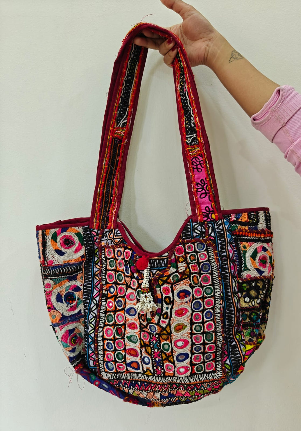 Handcrafted Vintage Kutchi Patchwork Tote Bag with Mirror Work & Cowrie Shell Tassels
