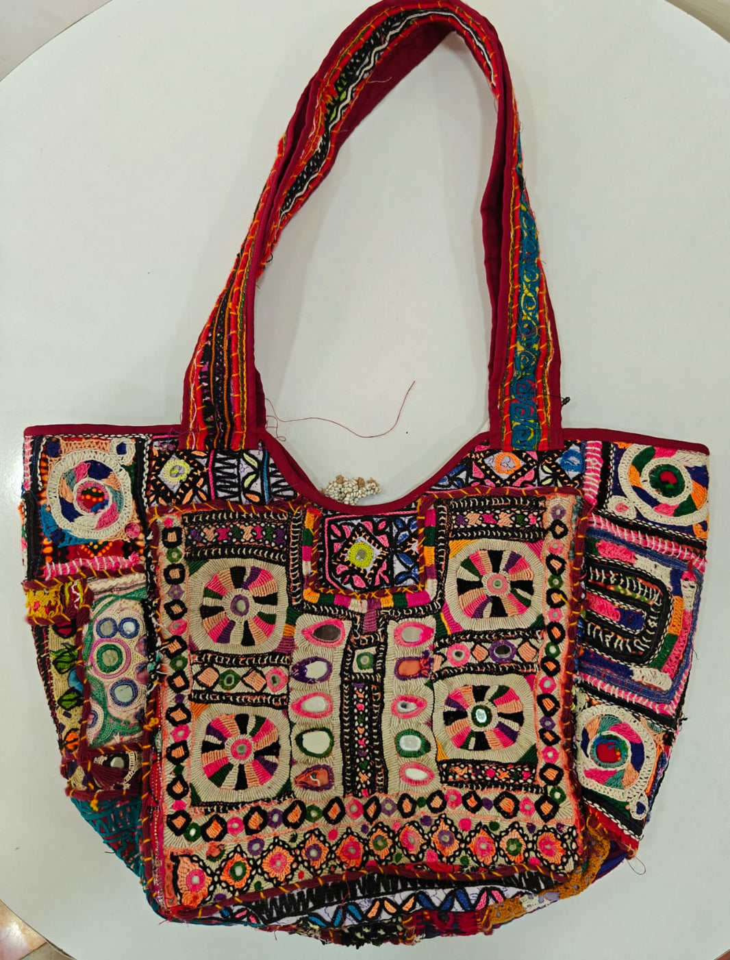 Handcrafted Vintage Kutchi Patchwork Tote Bag with Mirror Work & Cowrie Shell Tassels