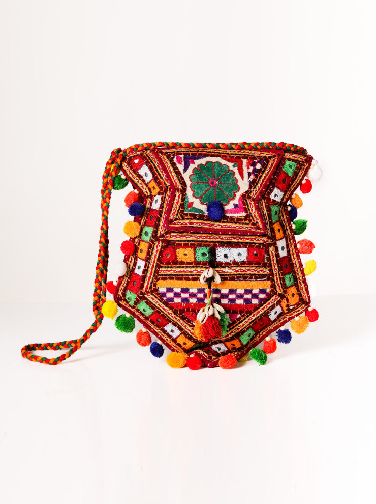 Boho Luxe - Banjara Kutchi Embroidered Pompom Handbag - Heritage Haat