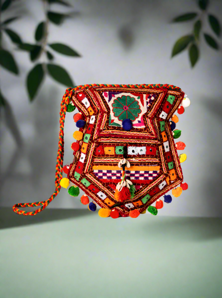 Boho Luxe - Banjara Kutchi Embroidered Pompom Handbag - Heritage Haat