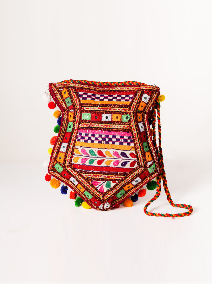 Boho Luxe - Banjara Kutchi Embroidered Pompom Handbag - Heritage Haat