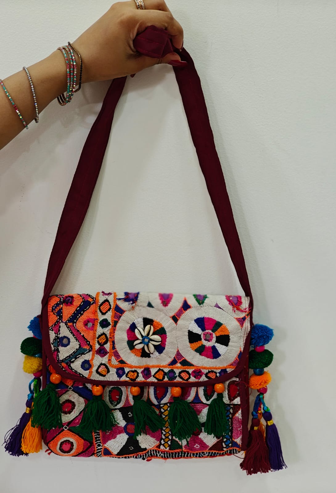 Handcrafted Kutchi Mirror Work Sling Bag with Tassels