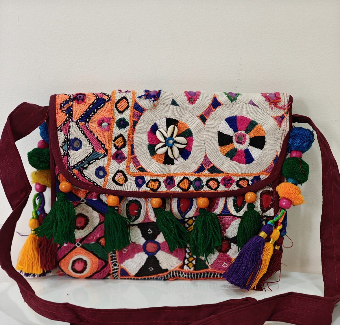 Handcrafted Kutchi Mirror Work Sling Bag with Tassels