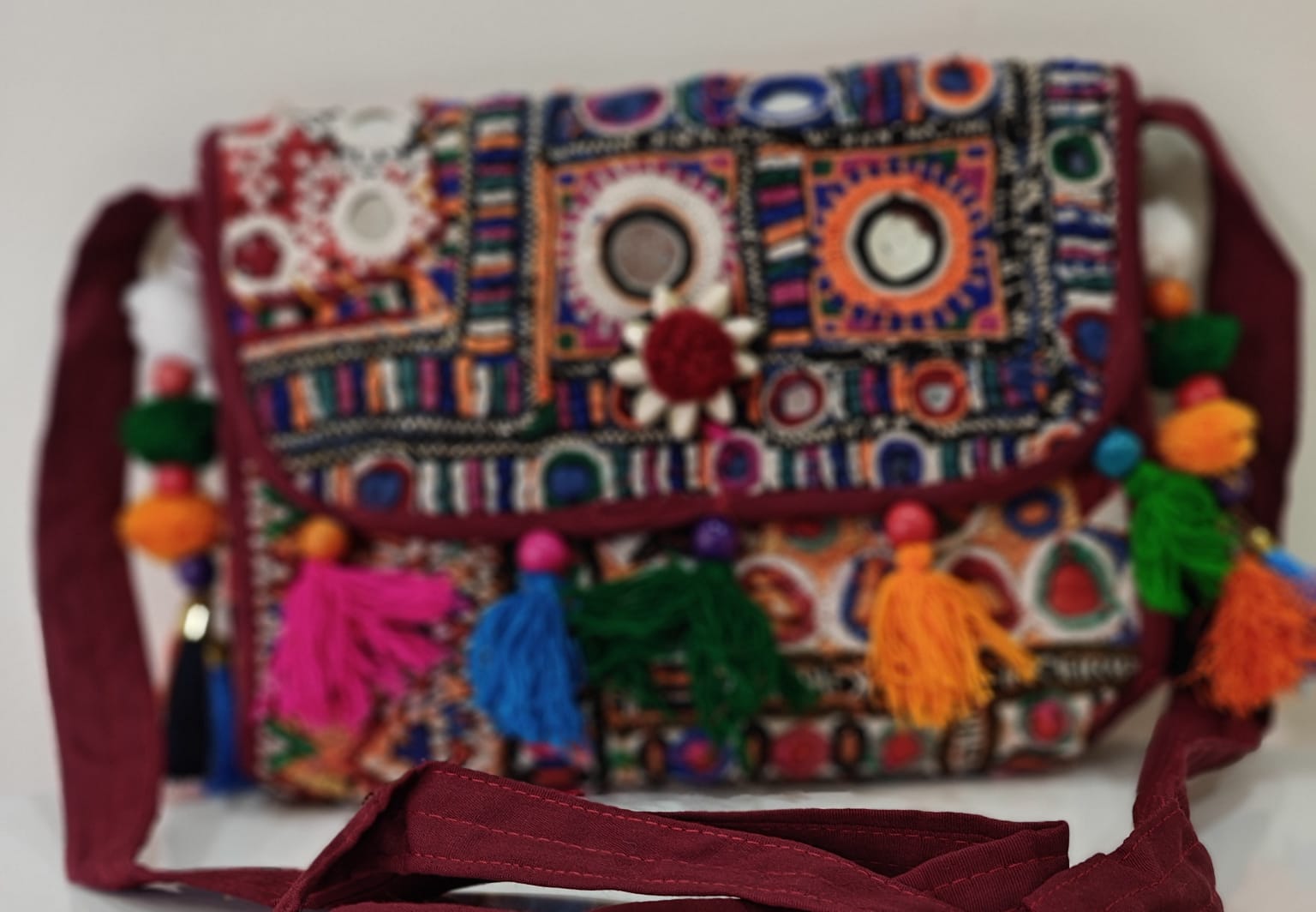 Handcrafted Kutchi Mirror Work Sling Bag with Tassels