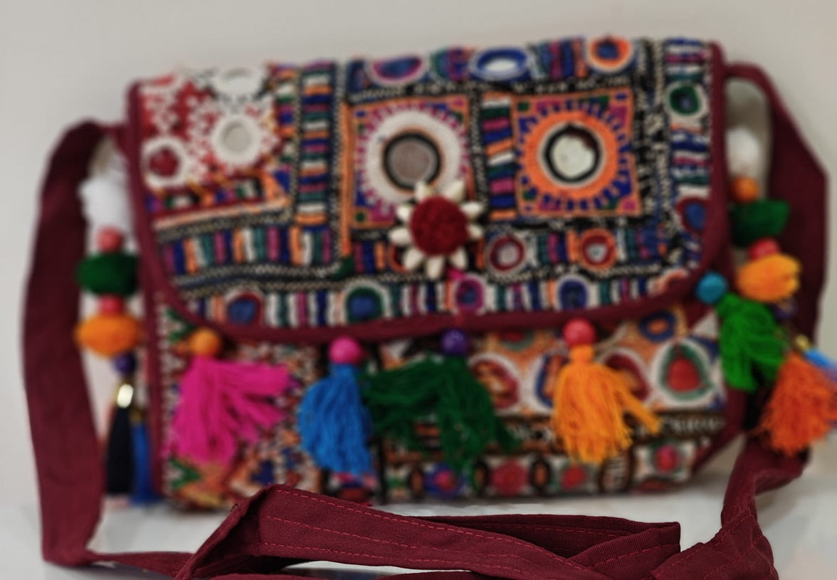 Handcrafted Kutchi Mirror Work Sling Bag with Tassels