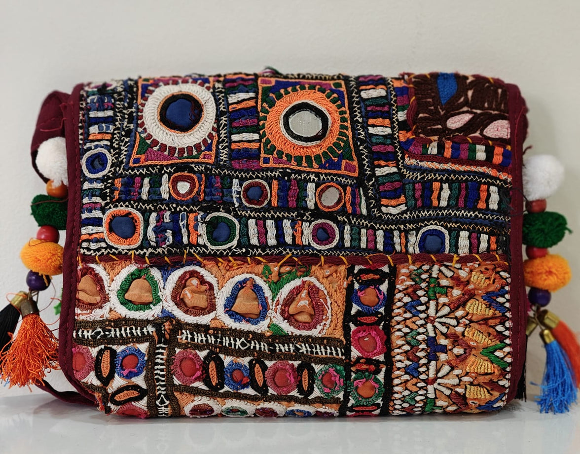 Handcrafted Kutchi Mirror Work Sling Bag with Tassels